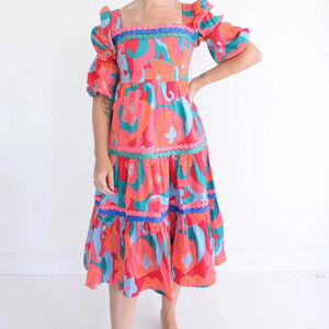 Alden Adair Mia Trippy Boho Red Floral Short Sleeve Midi Dress  S NWT